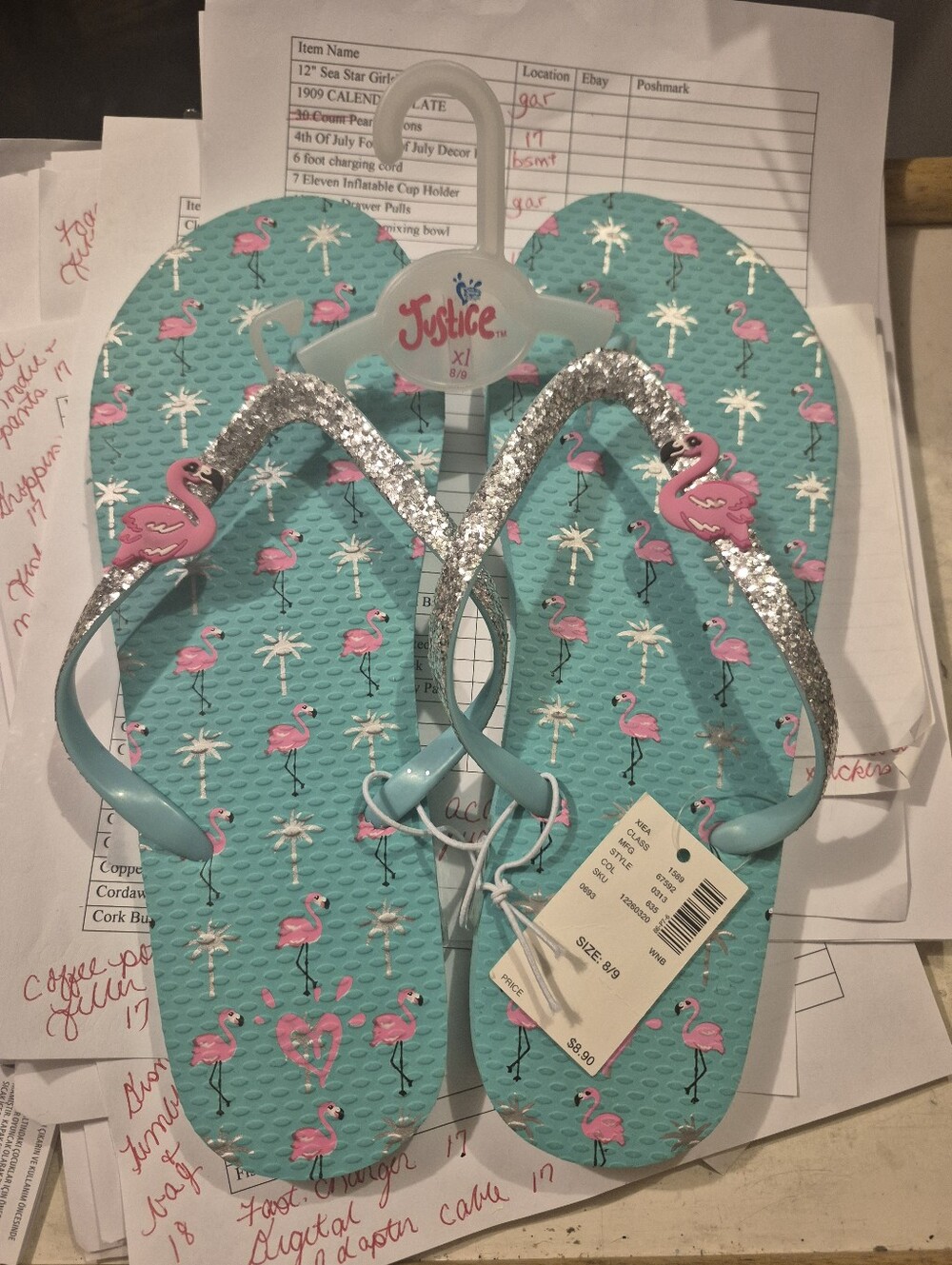 Justice Turquoise Flamingo Flip Flops with Silver Glitter Straps